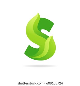 S icon with green leaves. Vector eco design.