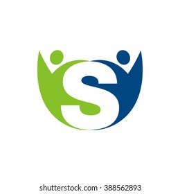 S initial alphabet letter logo with holding hands swoosh man, green blue