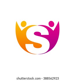 S initial alphabet letter logo with holding hands swoosh man, orange purple