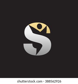 S initial alphabet letter logo with negative space swoosh man, silver gold black background