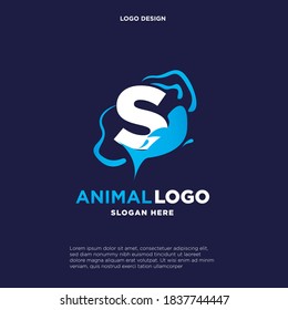 S Initial Letter. Blue Fish Logo. Animal Icon Logo