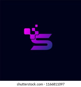 S Initial Letter Logo Design teamplate with Digital Pixels element technology in Purple Colors