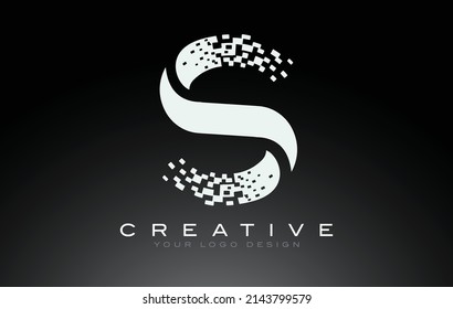 S Initial Letter Logo Design with Digital Pixels in Black and White Colors.