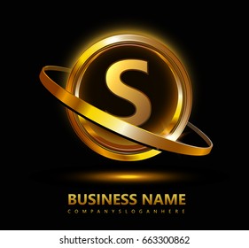 s initial letter logo inside circle shape with swoosh, inside o rounded uppercase logo shiny gold 