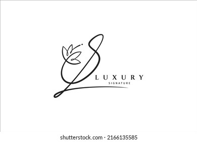 S initial letter signature logo with lotus flower shape variation. Handwriting logo template vector