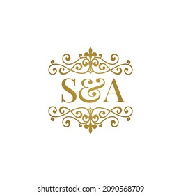 S A initial logo ornament gold. Letter SA wedding ampersand or business partner symbol.	