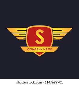 S initial shield with wings gold color logo