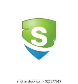 S initial swoosh shield logo blue green