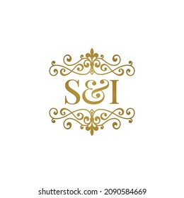 S I initials logo ornament gold. Letter SI wedding ampersand or business partner symbol.	