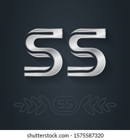 S and S - initials or silver logo. Metallic 3d icon or logotype template. SS - design element with lineart option. Vector.
