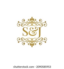 S J initials logo ornament gold. Letter SJ wedding ampersand or business partner symbol.	