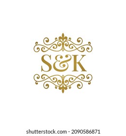 S K initials logo ornament gold. Letter SK wedding ampersand or business partner symbol.	