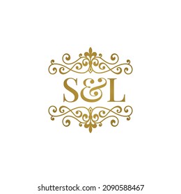 S L initials logo ornament gold. Letter SL wedding ampersand or business partner symbol.	