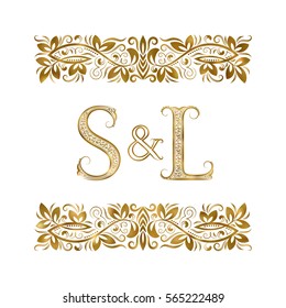 S and L vintage initials logo symbol. The letters are surrounded by ornamental elements. Wedding or business partners monogram in royal style.