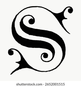 Letra S, fonte caligráfica do século 12, ilustração vintage isolada em branco, vetor. Fonte criativa e letra de tipografia, vetor isolado. Fonte preta vintage.
