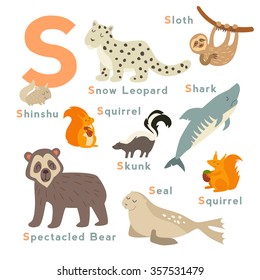 S letter animals set. English alphabet. Vector illustration, isolated on white background