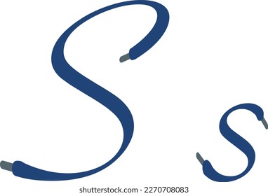 S letter. Blue Sport alphabet formed by shoe lace. Vector handwritten script font can be used for workout labels, race headlines, fitness posters, delivery cards. Alphabet fonts set.