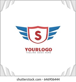 S letter brand identity. Falcon wing logo vector icon. Blue shield design template.