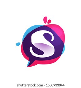 S letter chat app logo at colorful watercolor splash background. Color multiply style. Bubble speech vector typeface for labels, headlines, posters, cards etc.