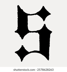 S letter, church gothic calligraphy font illustration isolated on white, vector. Vintage black font isolated on white, vector.
