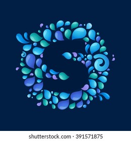 S letter in a circle of splashes and drops of water. Font style, vector design template elements for your ecology application or corporate identity.