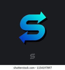 S letter. Delivery logo. S monogram with arrow, isolated on a dark background. Monochrome option.