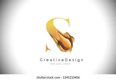 S Letter Design Brush Paint Stroke. Gold s Letter Logo Icon with Golden Paintbrush Vector Illustration