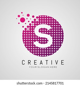 Diseño del logotipo de puntos de letra S con burbujas creativas de moda y colores de magenta morado.