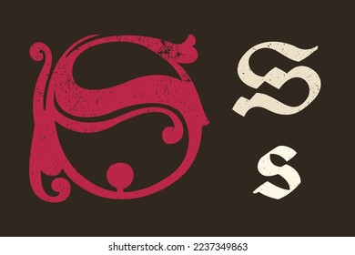 S letter drop cap logo. Illuminated initial and blackletter uppercase and lowercase. All you need to precisely imitate medieval text. Decorative element for the beginning of a paragraph or section.