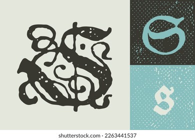 S letter drop cap logo. Illuminated initial and blackletter uppercase and lowercase. All you need to precisely imitate medieval text. Decorative element for the beginning of a paragraph or section.