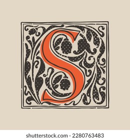 logotipo de la tapa de caída de letra S en estilo de grabado medieval. Plaza de letra negra inicial. Emblema iluminado de la edad oscura con follaje y tulipanes exuberantes. Perfecto para la identidad vintage, afiches góticos, embalaje de lujo