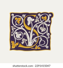 S letter drop cap logo. Square medieval initial with gold texture and white vine. Renaissance calligraphy emblem. Vector premium elements for luxury identity, vintage package, engraved charter, etc.