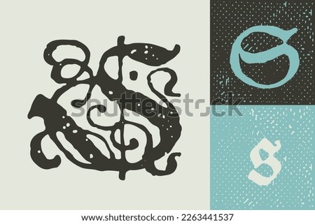 S letter drop cap logo. Illuminated initial and blackletter uppercase and lowercase. All you need to precisely imitate medieval text. Decorative element for the beginning of a paragraph or section.