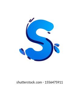 S letter eco logo with blue water drops handwritten with a felt-tip pen. Vector marker font can be used for eco friendly, vegan, bio, raw, organic template.