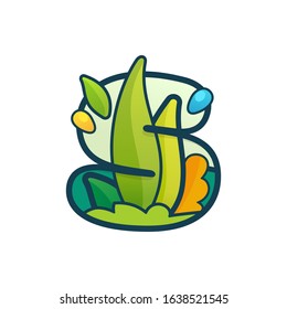 S letter eco logo with green leaves and dew drops. Vector ornate typeface for natural labels, organic company, vegan posters etc.