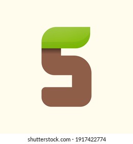 S letter eco logo with leaf. Vector font for bio posters, spa emblem, vegan, herbal and botanical cards etc.