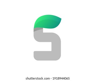 S letter eco logo with leaf. Vector font for bio posters, spa emblem, vegan, herbal and botanical cards etc.