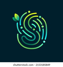 S letter eco logo made of fingerprint. Gradients icon with green leaves and dew drops. Perfect for online payment art, biometric design, agriculture advertising, pure food packaging, modern identity.