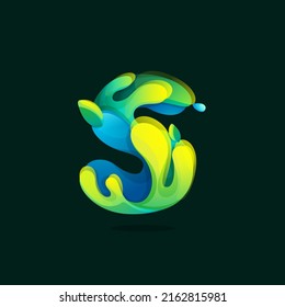 S letter eco logo made of green and blue splashes, pure water waves and dew drops with fresh leaves. Wildlife rescue icon with glow and gradients. Perfect for agriculture art, healthy food packaging.