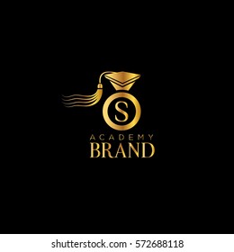 S letter education hat vector logo design template. Graduation cap golden sign (symbol, design element)