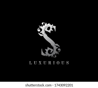 S Letter Floral logo. Vintage silver majestic letter stamp for book design, weeding card, label, business card, Restaurant, Boutique, Hotel. 