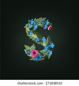 S letter. Flower  alphabet. Colorful font. Lowercase.  Vector illustration.
