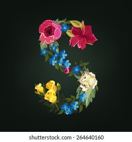S letter. Flower capital alphabet. Colorful font. Uppercase.  Vector illustration.