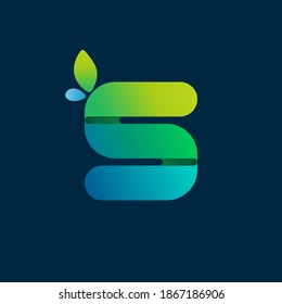 S letter green gradient eco logo. Vector one line colorful typeface for agriculture branding design, spring labels, garden posters, environment identity etc.