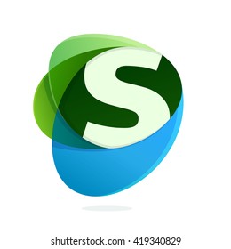 S letter with green leaves and blue drops. Vector design template elements for your eco application or corporate identity.
