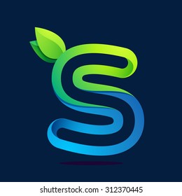 S letter with green leaves and water waves. Vector design template elements for your ecology application or corporate identity.