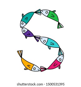 S letter hand drawn vector illustration sardines form in cartoon style rainbow colors