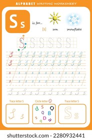 S letter handwriting practice worksheet. Alphabet letter tracing worksheet for kids with games and bright illustrations. Learning alphabet activity page. Printable template.	