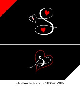 S letter with heart vector on black background. S love letter logo design. S with Red love letter. Love letter S logo vector design for valentines day sale background with heart icon.