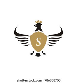 S letter heraldic logo vector illustration with wings gold color 